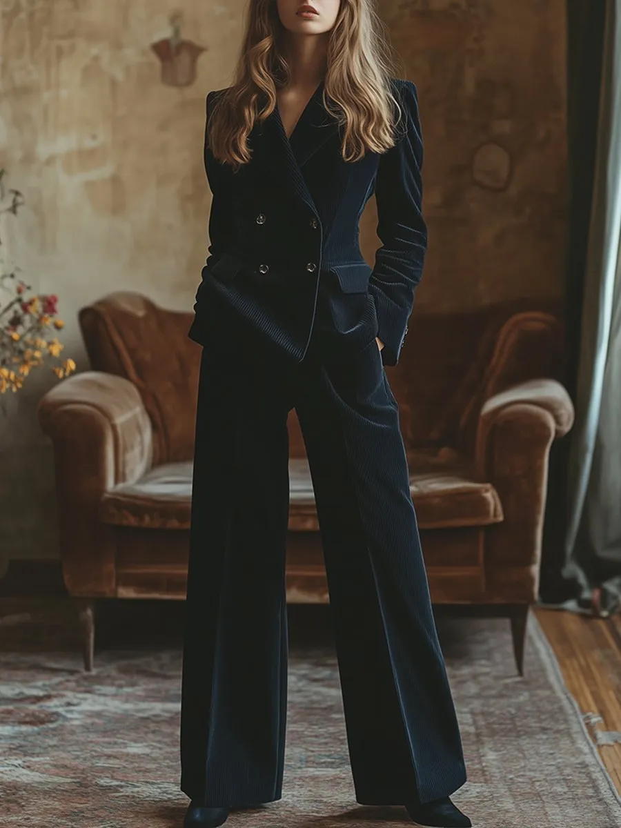 【24-hour shipping】Retro Fashion Navy Lapel Corduroy Double-breasted Blazer and Wide-leg Pants Two-piece Set