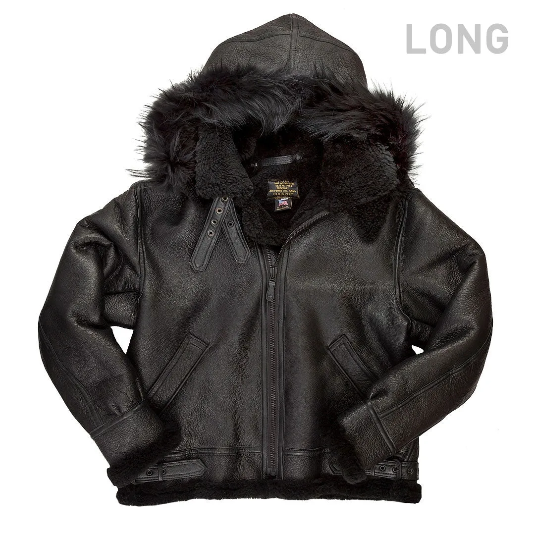 All Black B-3 Hooded Sheepskin Bomber Jacket Long Z203615BL