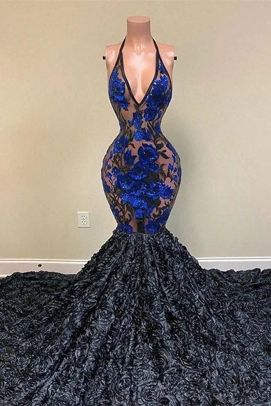 Amazing Black Appliques V-neck Halter Sleeveless Floor-length Mermaid Prom Dresses