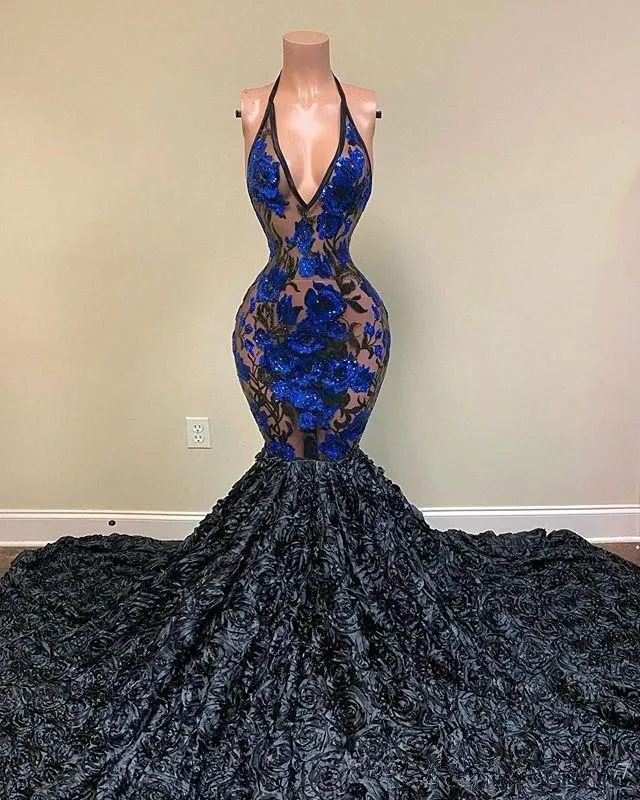 Amazing Black Appliques V-neck Halter Sleeveless Floor-length Mermaid Prom Dresses