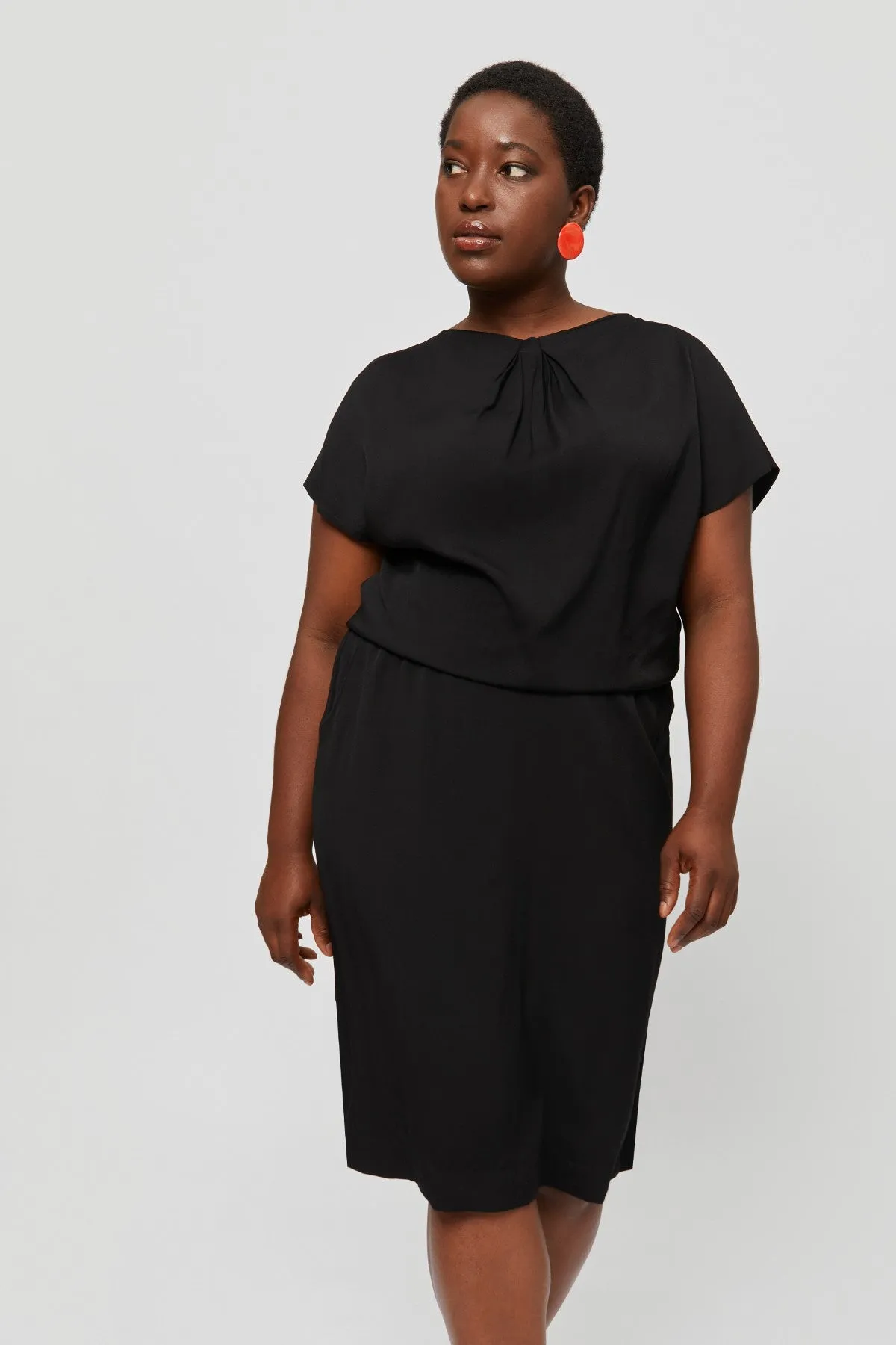 Amy | Midi Dress with Pencil Skirt and Neckline Detail in Black