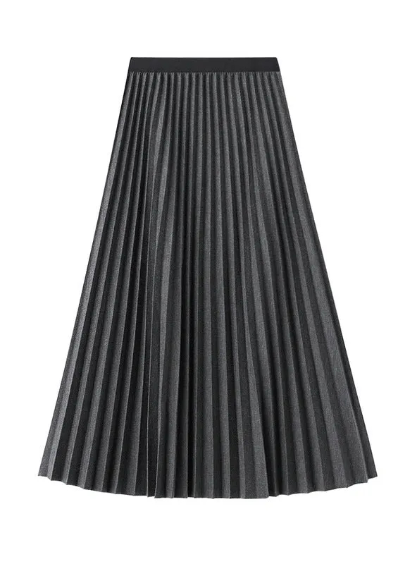 Autumn and Winter Woolen Slim Elastic Waist Pleated Skirt