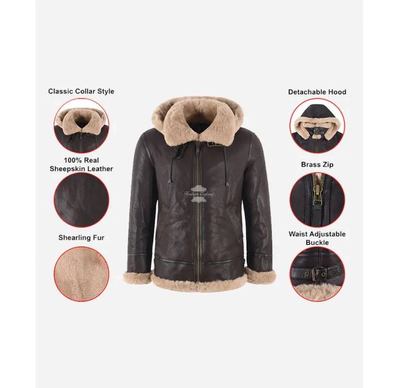 B3 RAF Bomber Shearling Sheepskin Jacket Men's Hooded Shearling Jacket