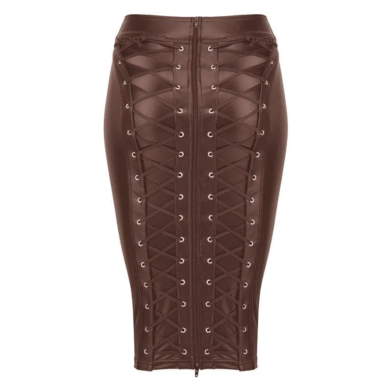 Back Lace Up Leather Skirt