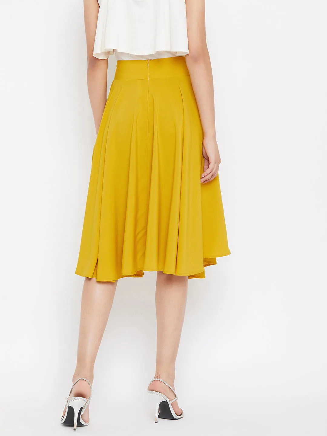 Berrylush Women Solid Yellow High-Rise Flared Midi Skirt