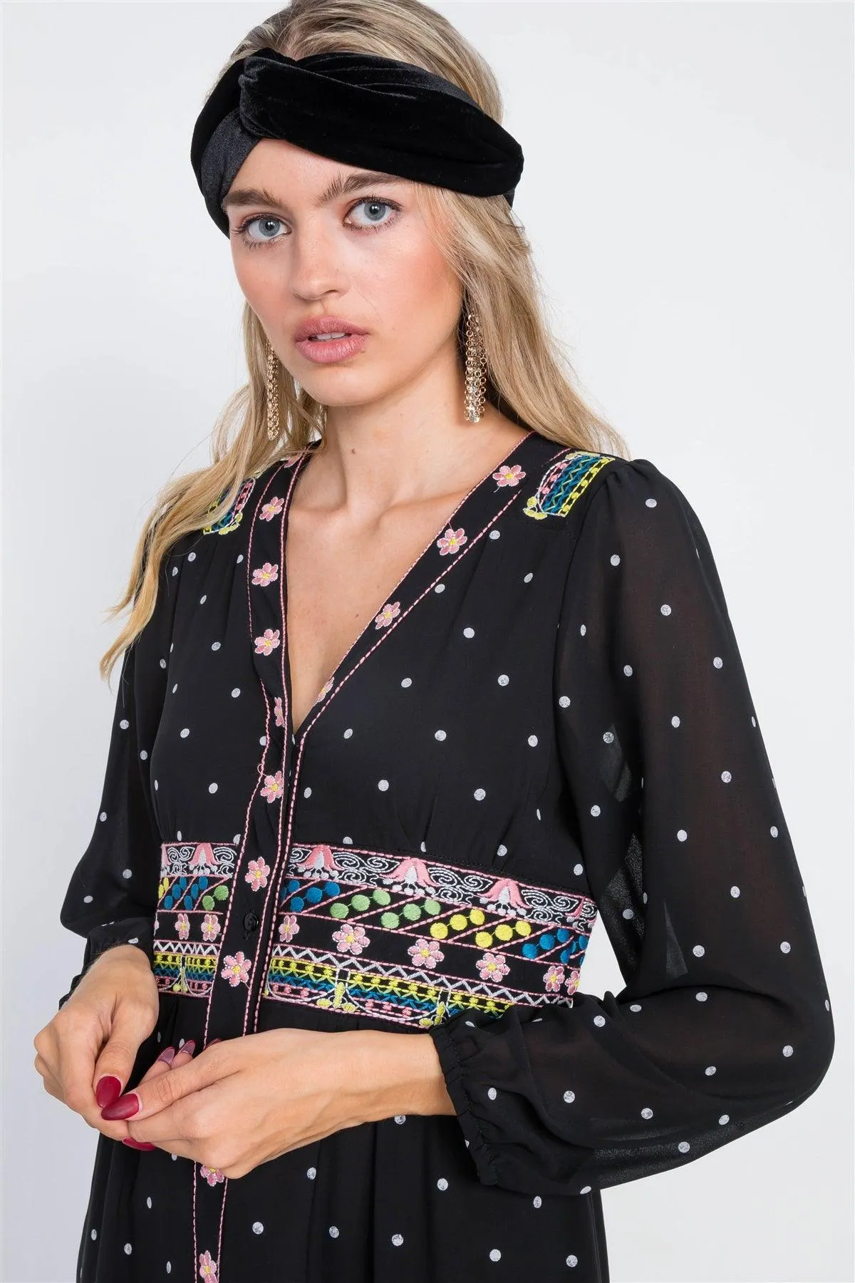 Black & Floral Embroidered Polkadot Tiered Babydoll Midi Dress /2-2-2