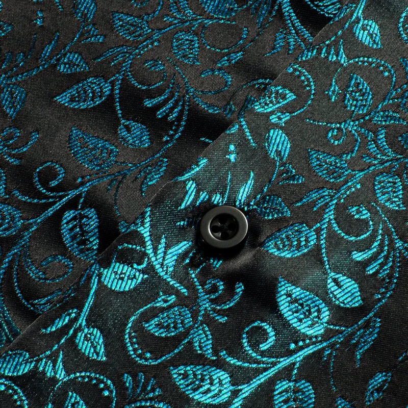 Black and Lake Blue Floral Silk Dress Shirt