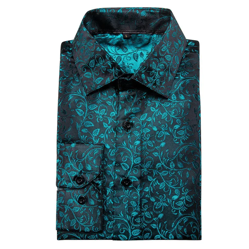 Black and Lake Blue Floral Silk Dress Shirt