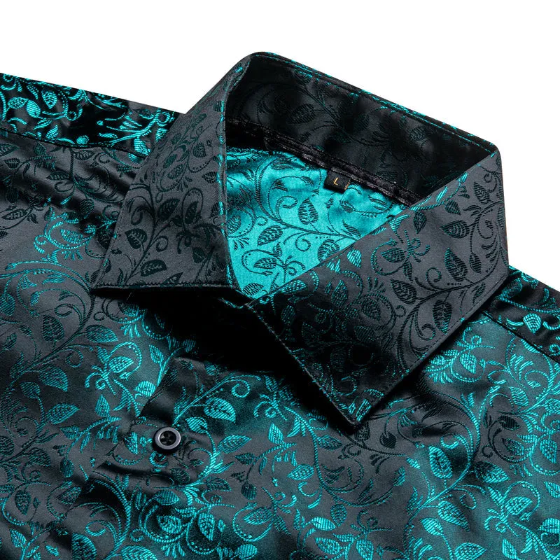 Black and Lake Blue Floral Silk Dress Shirt