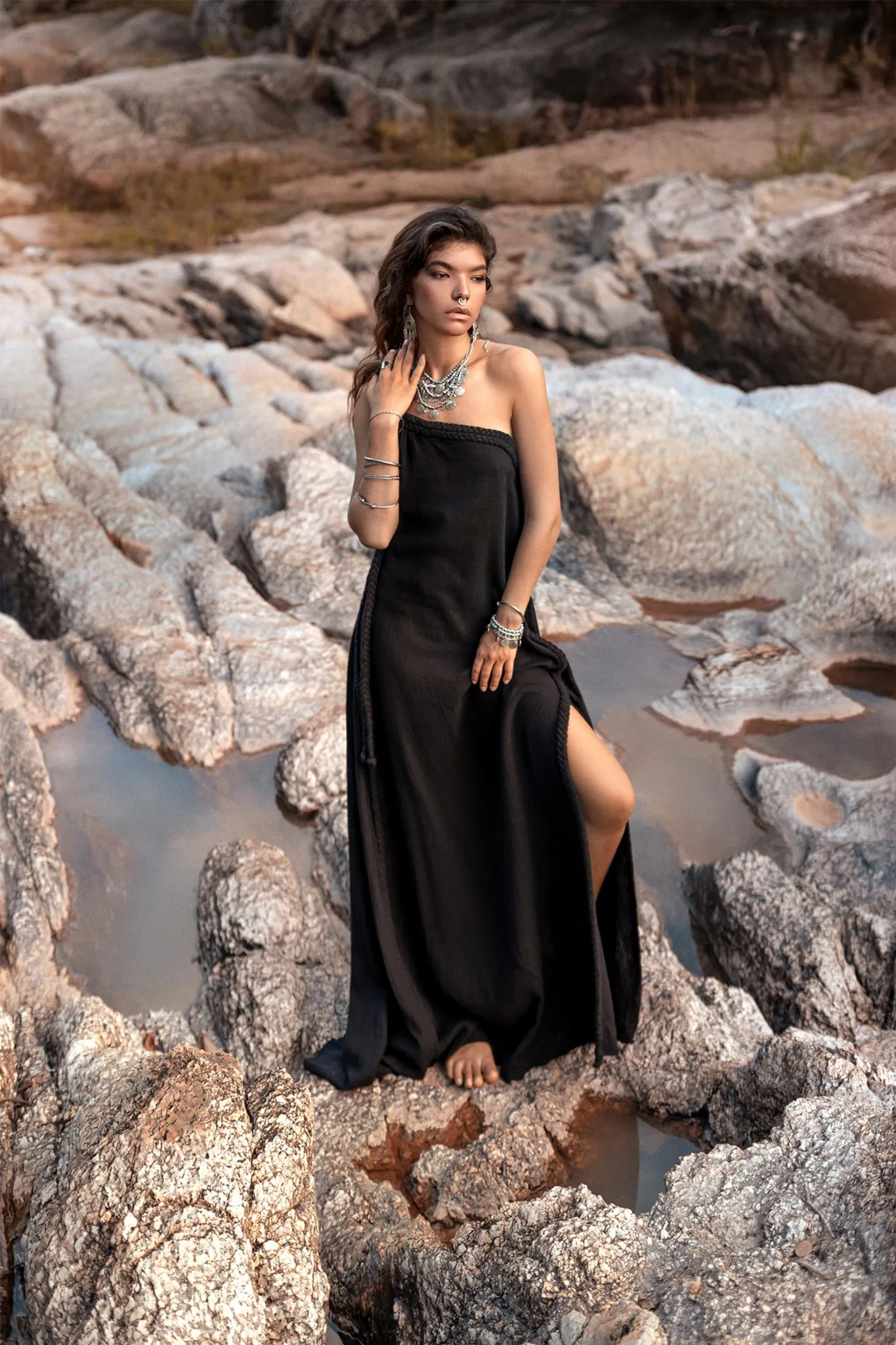 Black Aurora Greek Goddess Dress • Cold Shoulder Maxi Dress • Gothic Grecian Dress