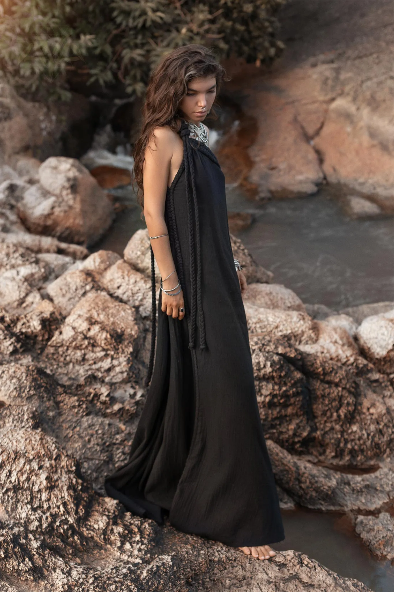 Black Aurora Greek Goddess Dress • Cold Shoulder Maxi Dress • Gothic Grecian Dress