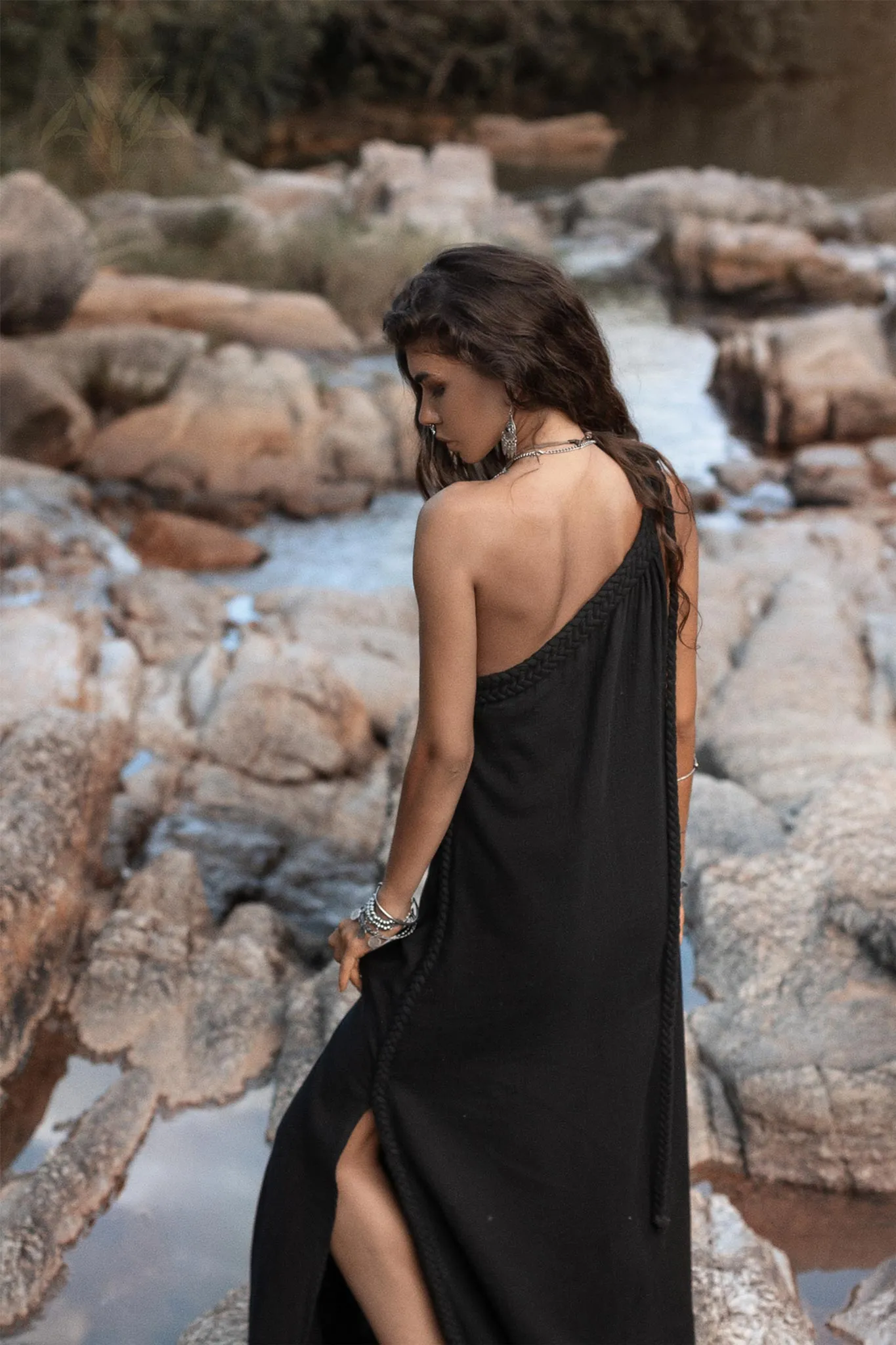 Black Aurora Greek Goddess Dress • Cold Shoulder Maxi Dress • Gothic Grecian Dress