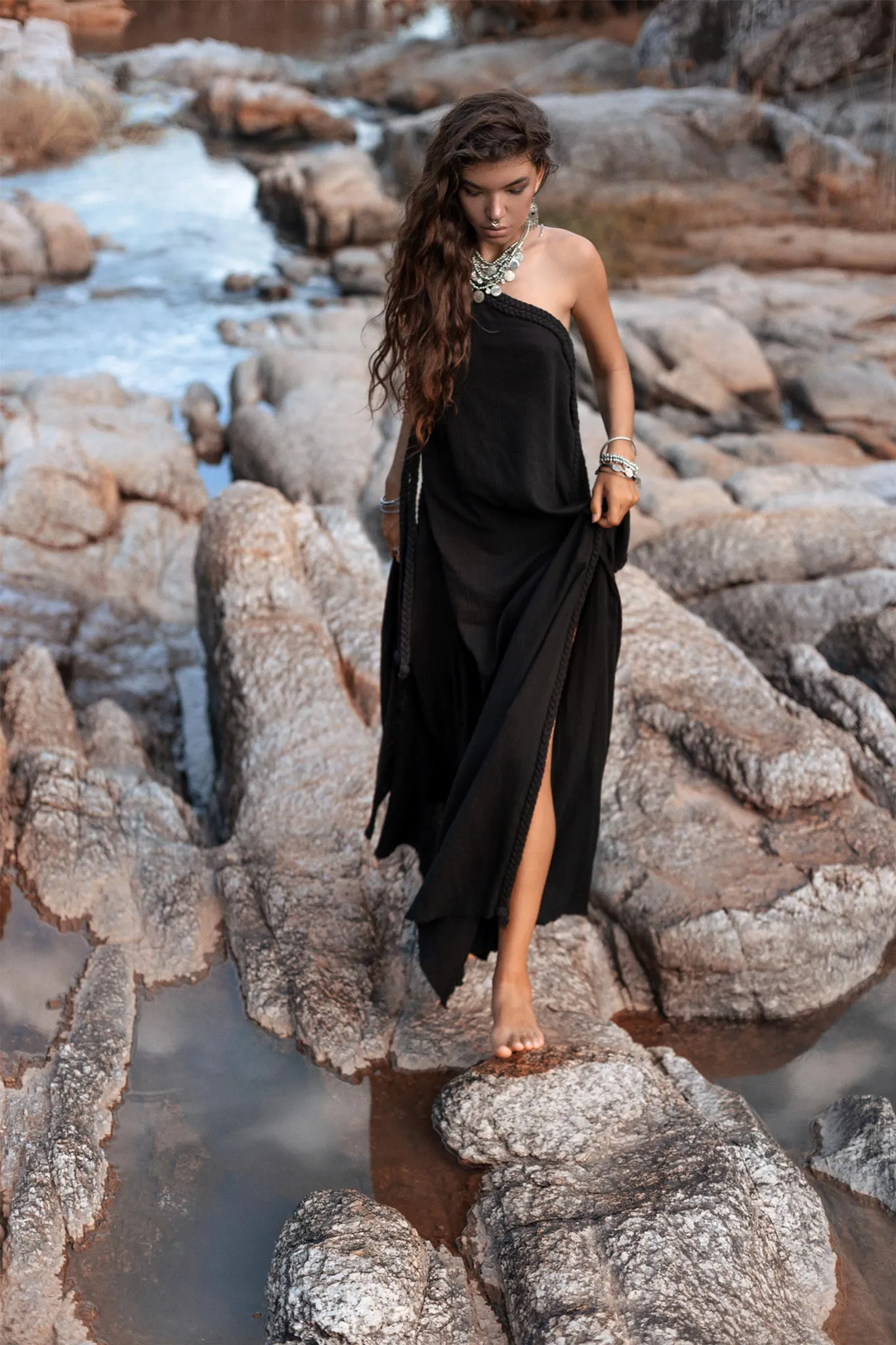 Black Aurora Greek Goddess Dress • Cold Shoulder Maxi Dress • Gothic Grecian Dress