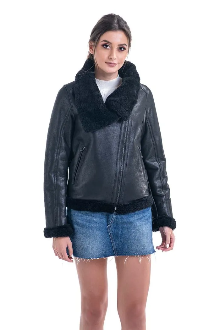 Black Shearling Leather Jacket with Merino Fur Detailing