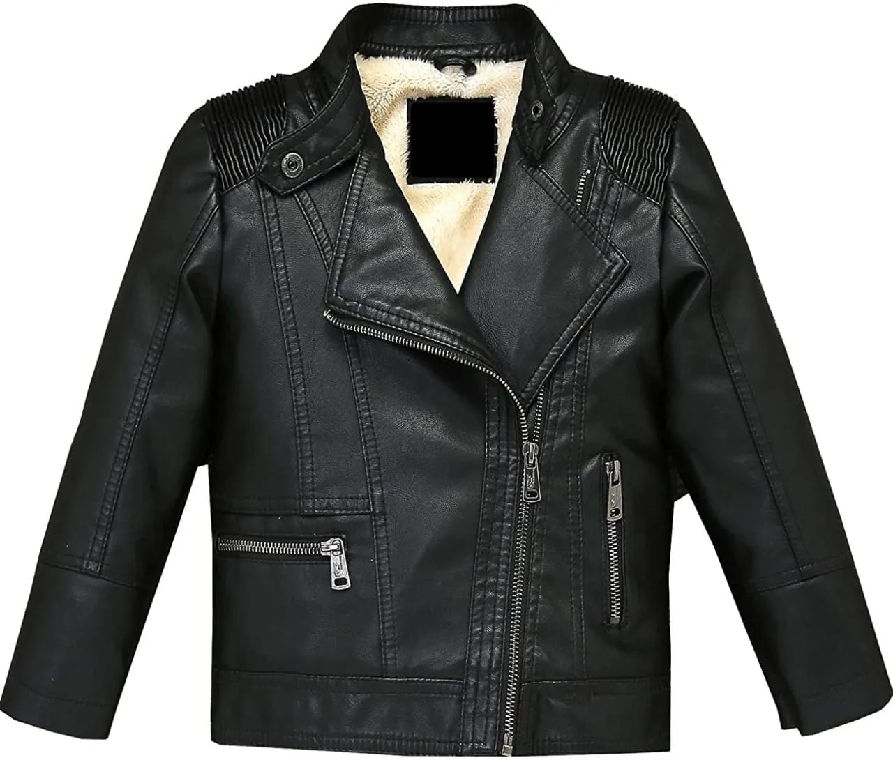 Black Zipper Biker Jacket with Shearling Fur