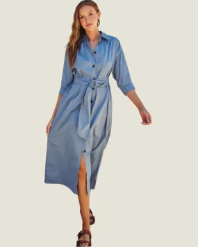 Button Down Light Blue Long Sleeve Midi Dress