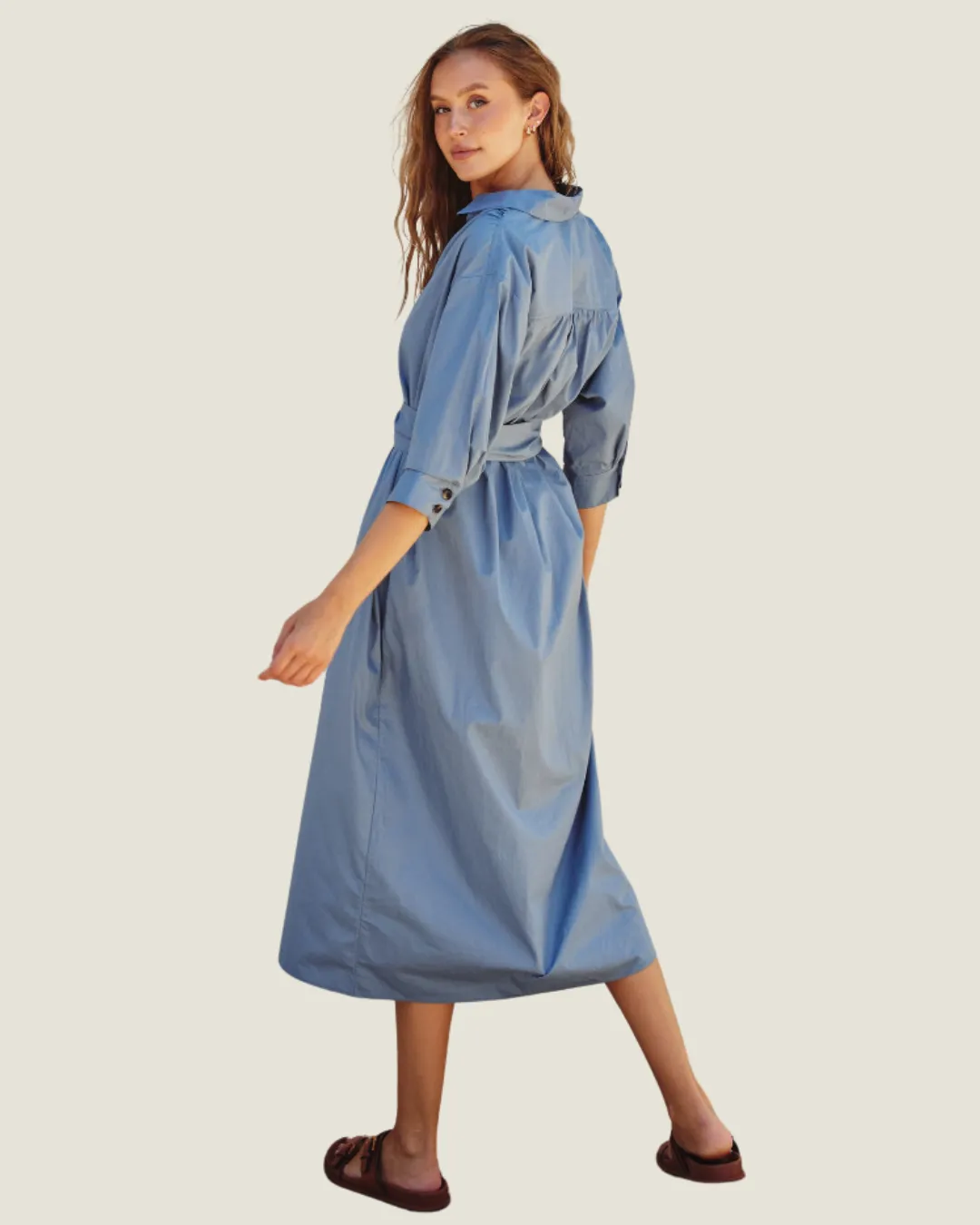 Button Down Light Blue Long Sleeve Midi Dress