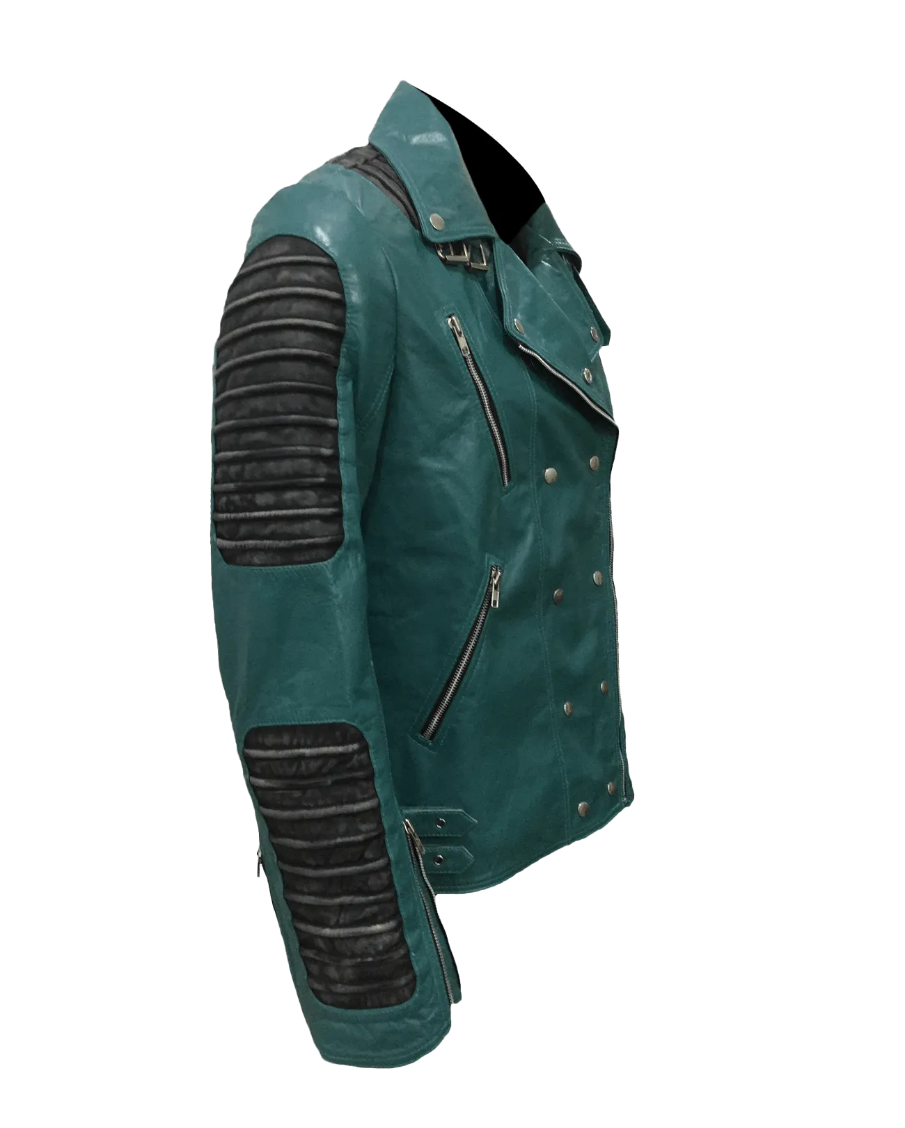 Cafe Racer Quilted Style Cyan Leather Jacket | Mens Quilted Cyan Leather Jacket