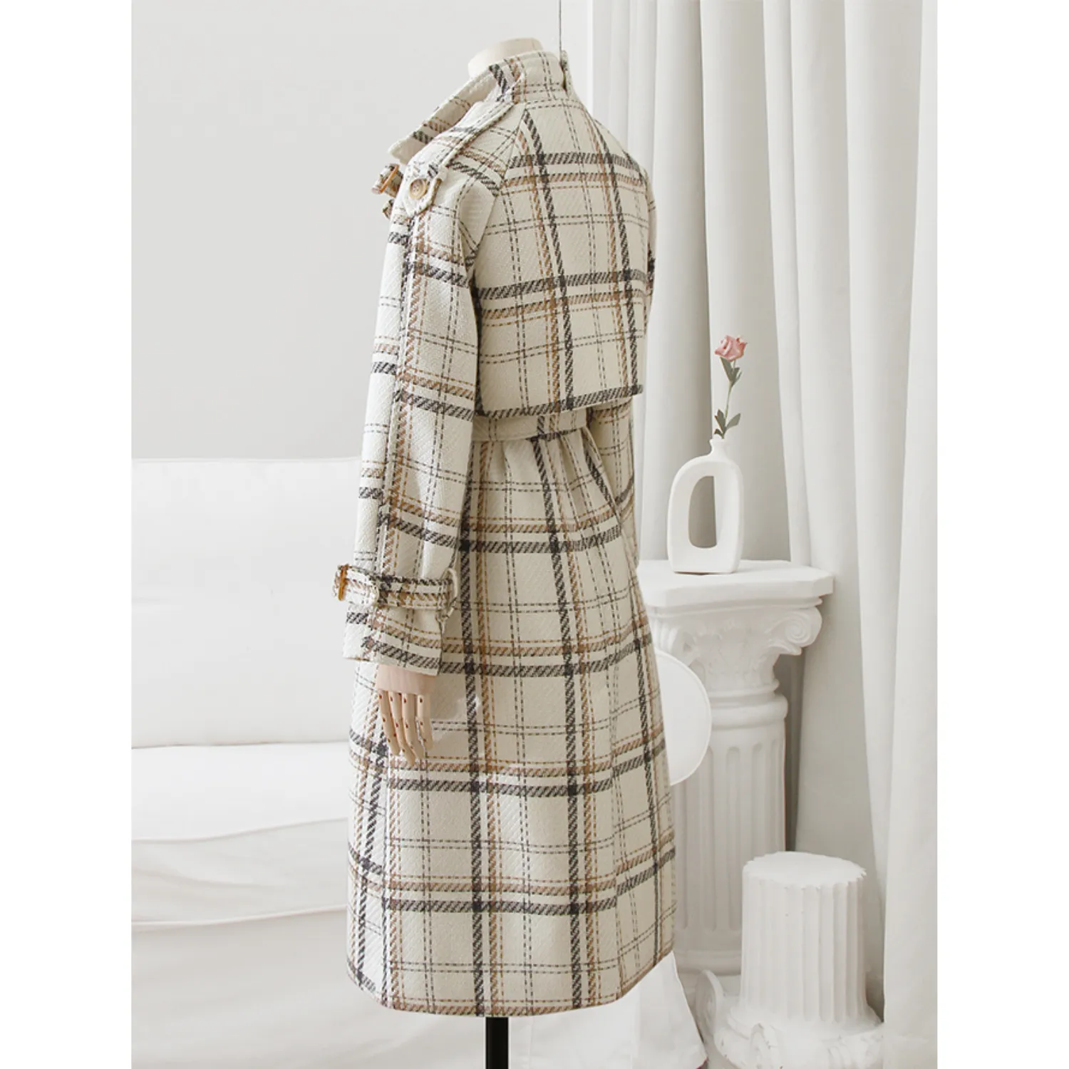 Checked Oversized Belted Coat - Beige