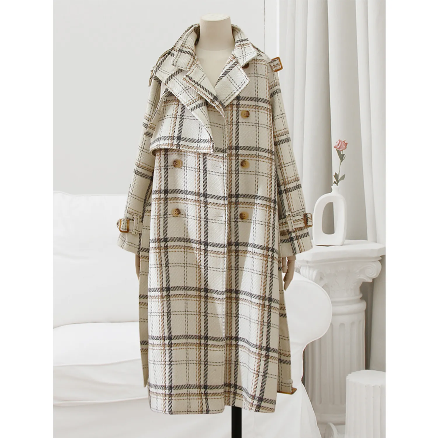 Checked Oversized Belted Coat - Beige