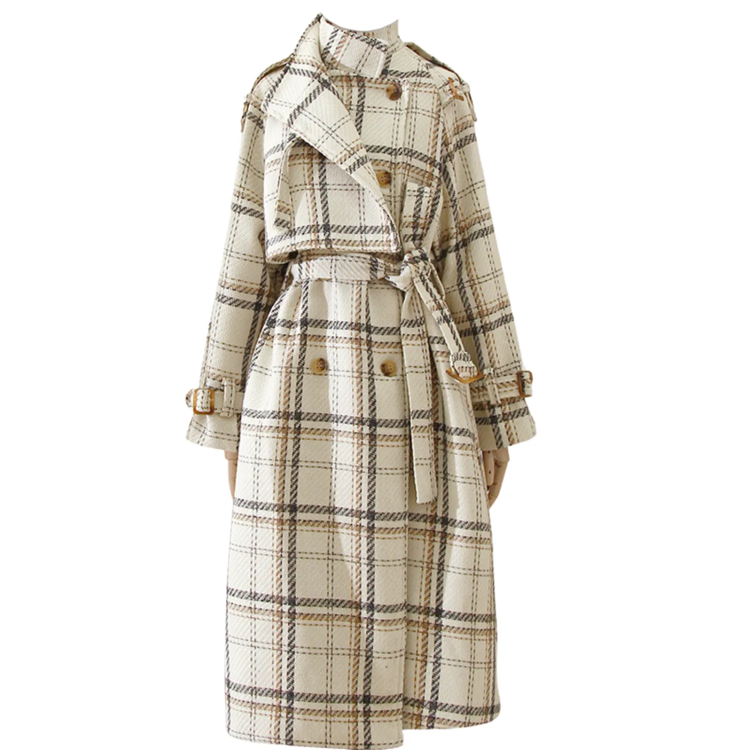 Checked Oversized Belted Coat - Beige