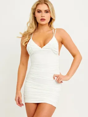 Cream Slinky Double Strap Cross Rouched Dress