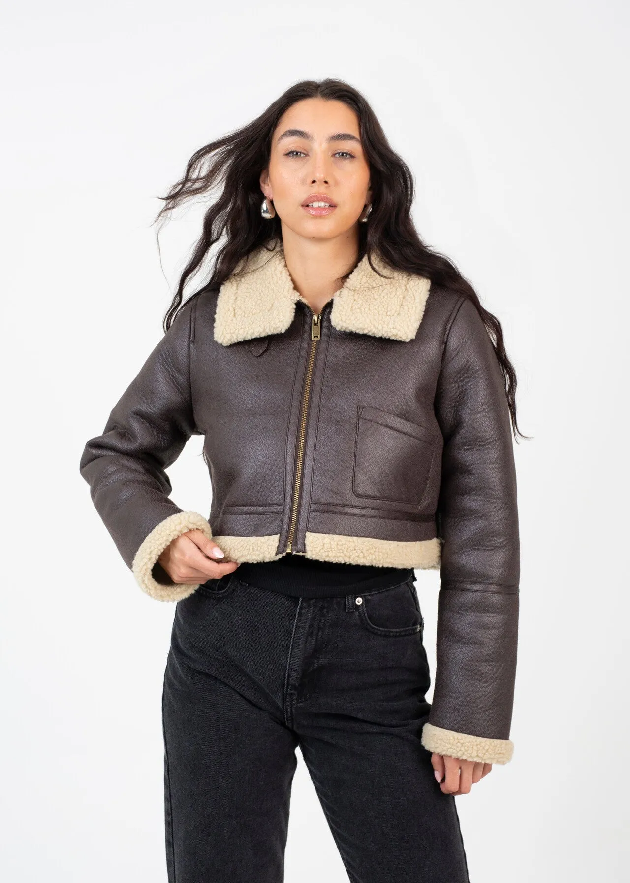 CROPPED CACKLE SUEDE AVIATOR JACKET WITH BORG TRIMS