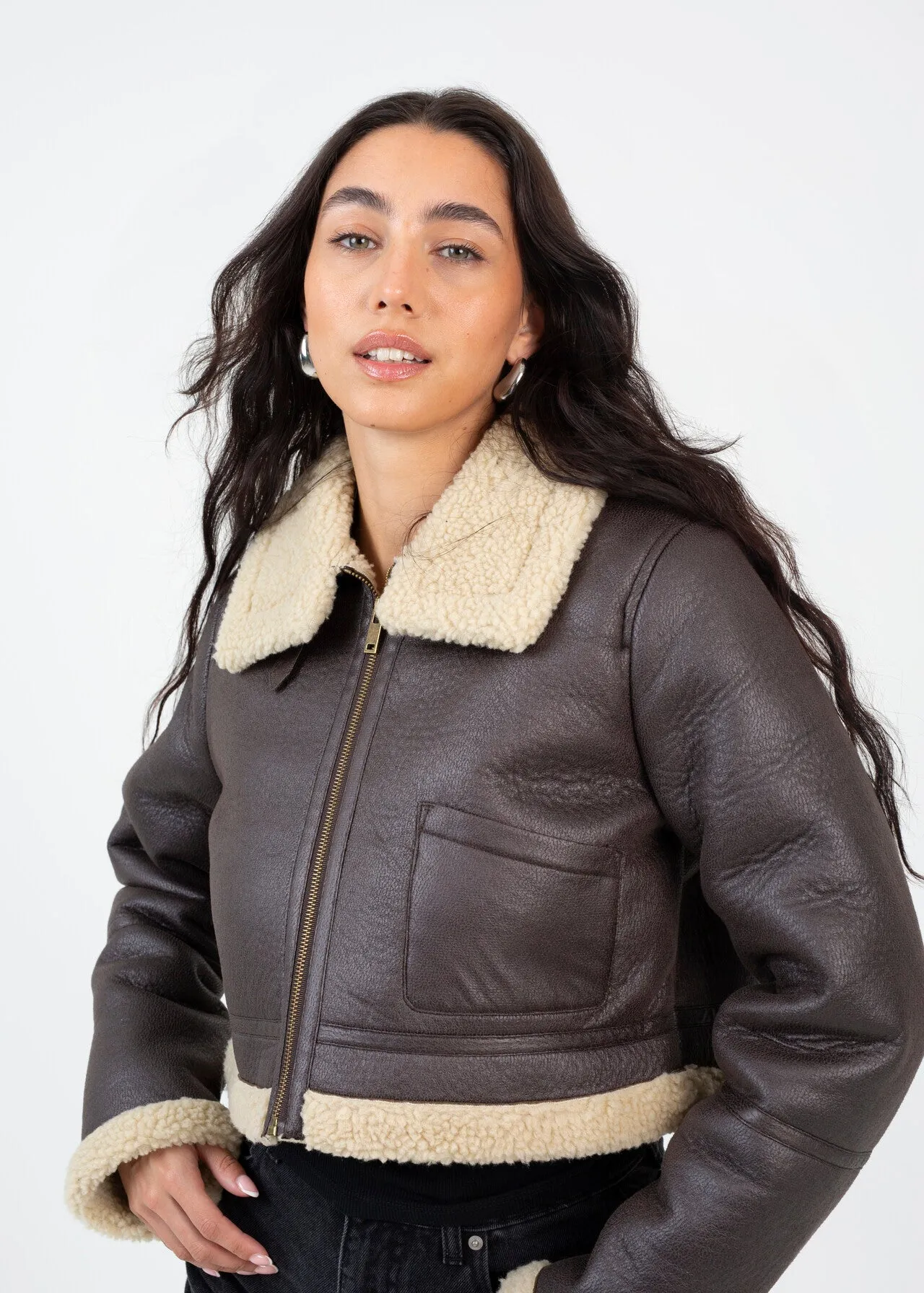 CROPPED CACKLE SUEDE AVIATOR JACKET WITH BORG TRIMS