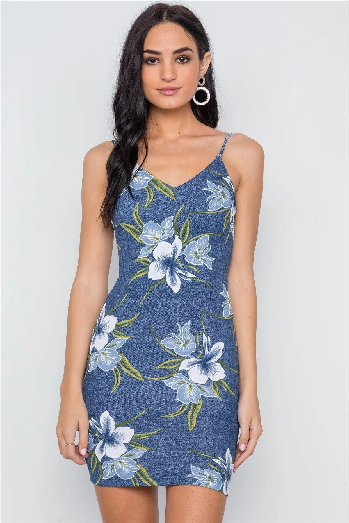 Denim Blue Tropical Floral Cami Bodycon Mini Dress /2-2-2