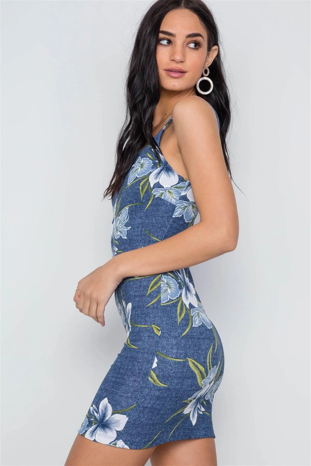 Denim Blue Tropical Floral Cami Bodycon Mini Dress /2-2-2