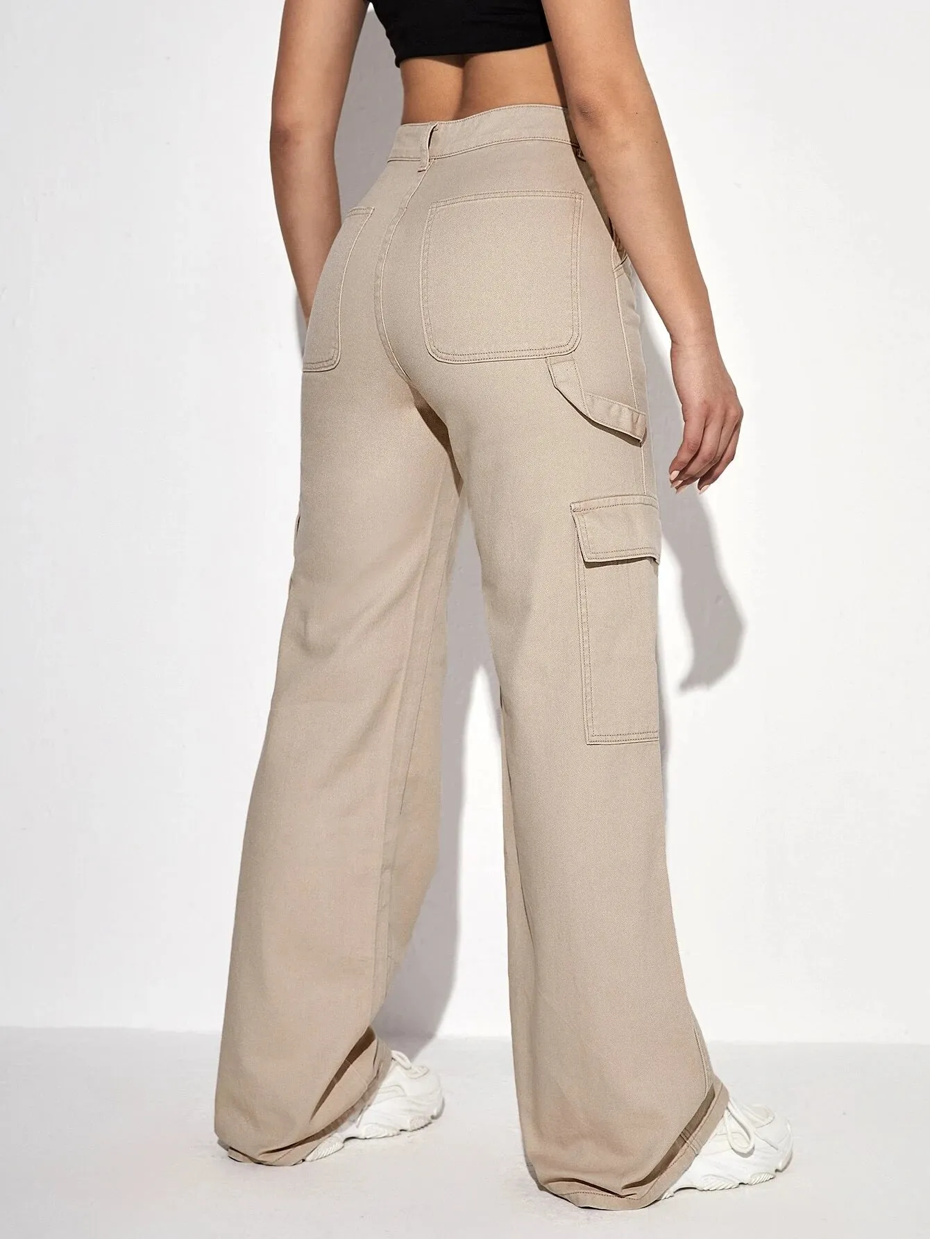 Denim High Waist Slant Pocket Cargo Pant