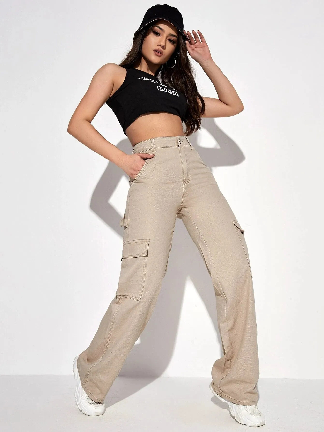 Denim High Waist Slant Pocket Cargo Pant