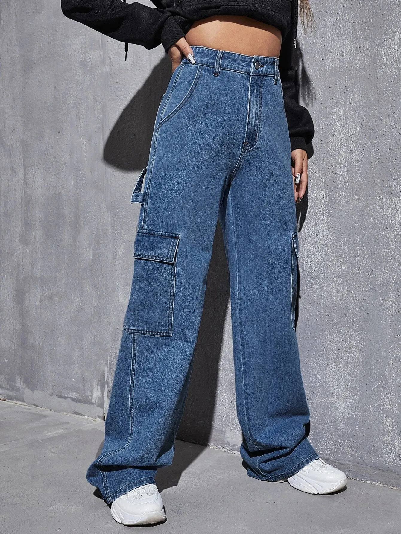 Denim High Waist Slant Pocket Cargo Pant