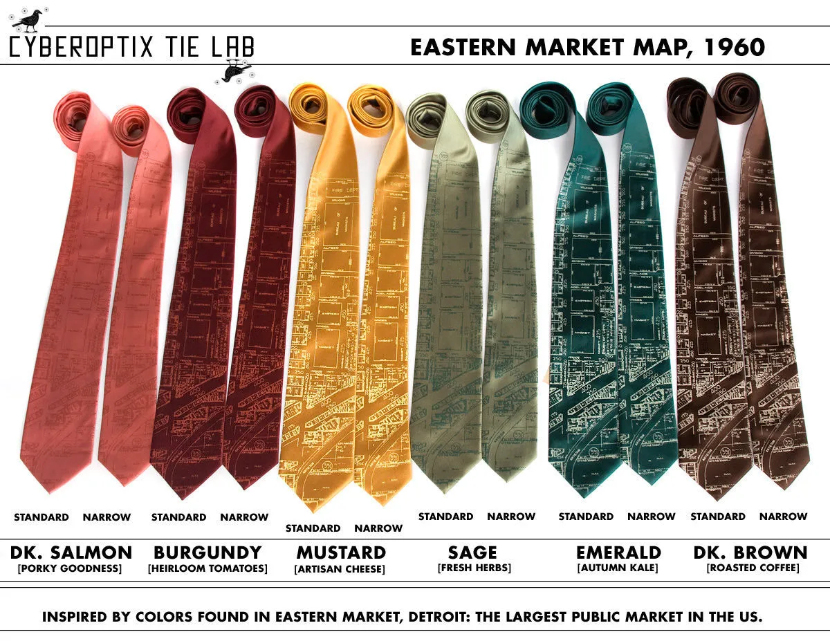 Detroit Map Silk Tie. Historic Eastern Market Necktie