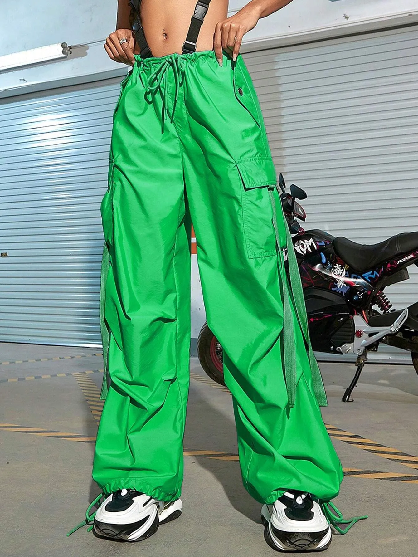 Drawstring Cargo Parachute Pants