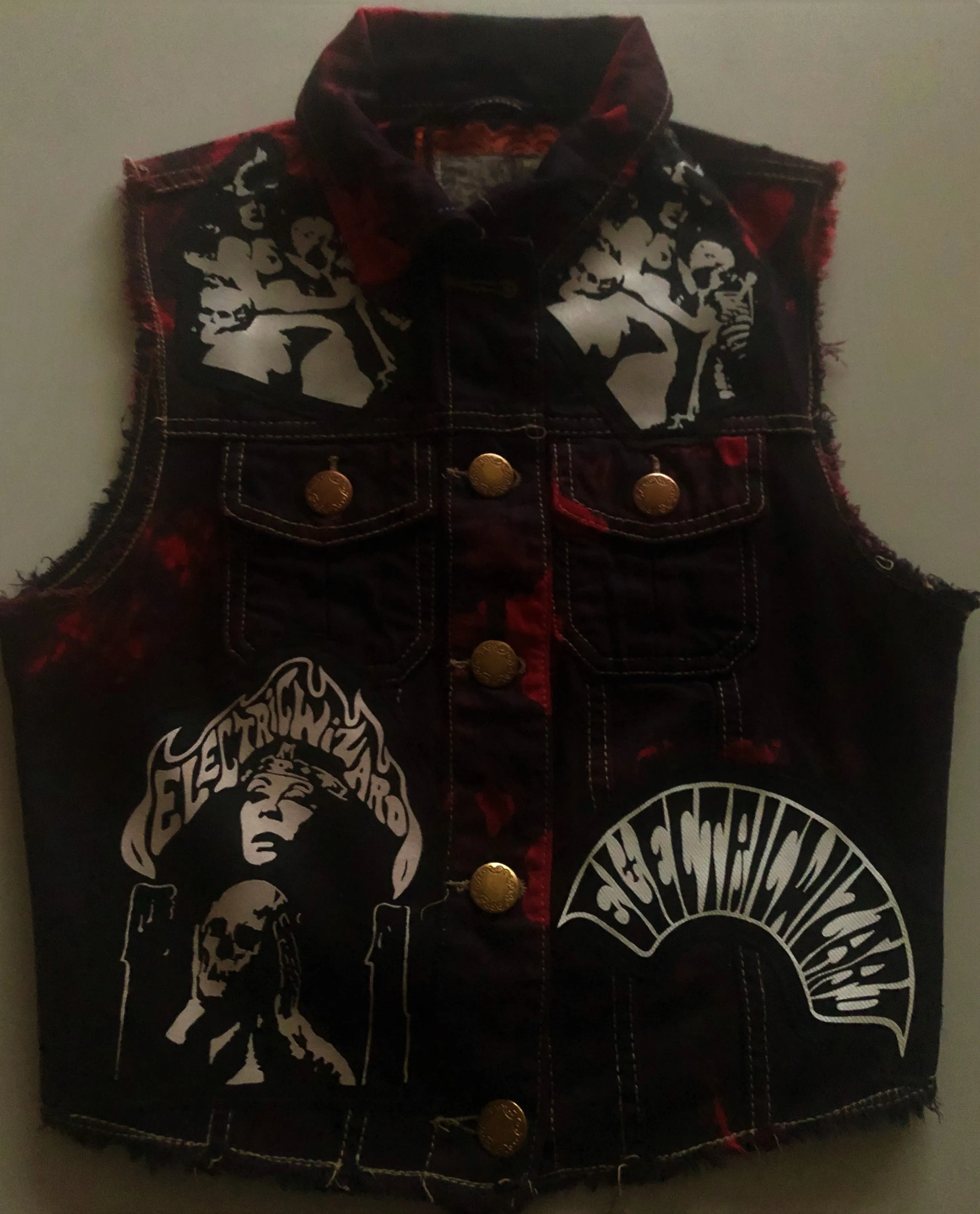 Electric Wizard Girls' Black 'n' Bloody Red Tie-Bleach Denim Cut-Off Black Mass Doom Metal