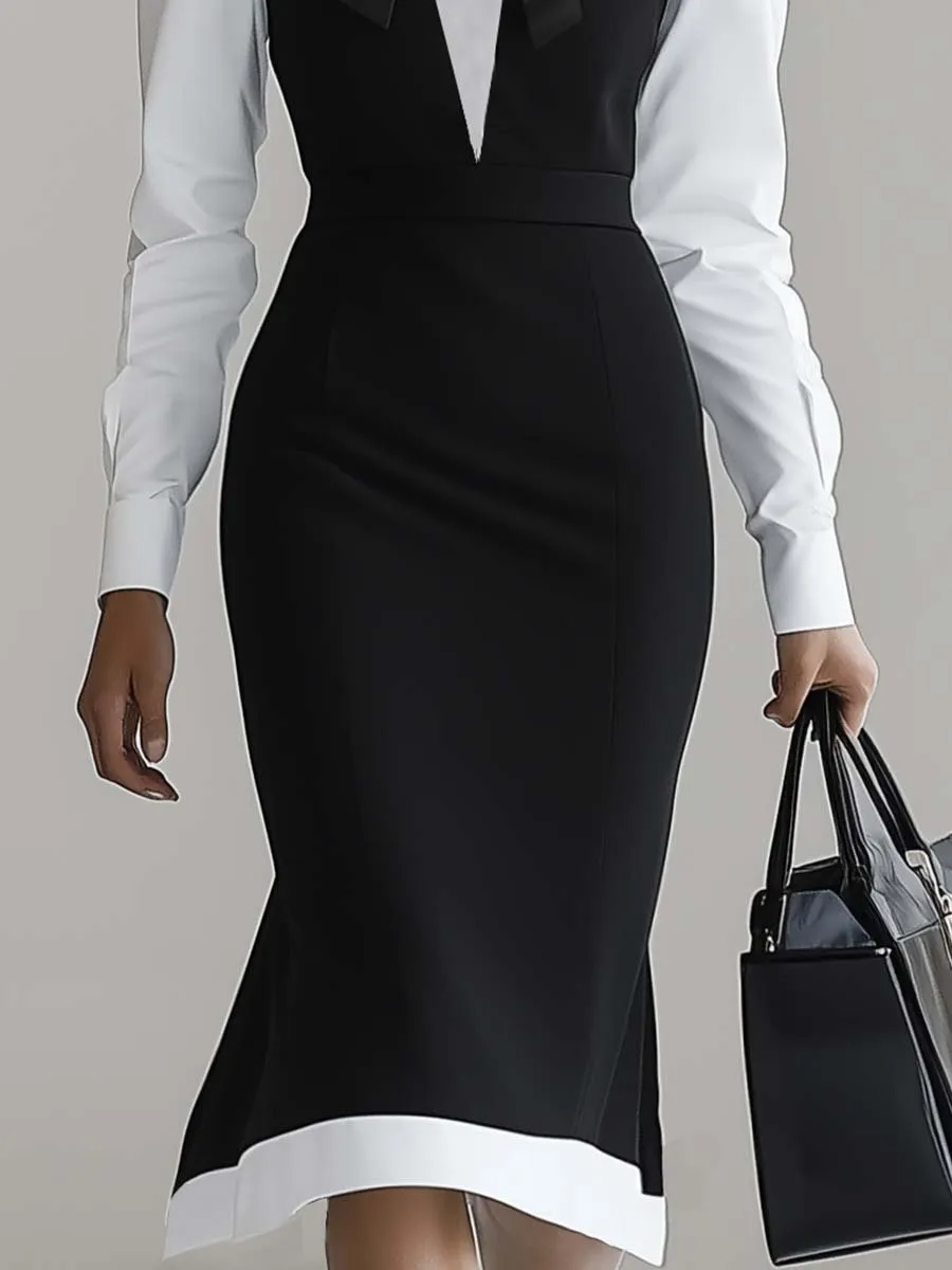 Elegant Shirt and Off-shoulder Skirt Fake Two-piece Midi Dress