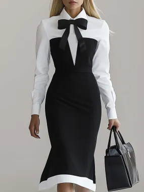 Elegant Shirt and Off-shoulder Skirt Fake Two-piece Midi Dress