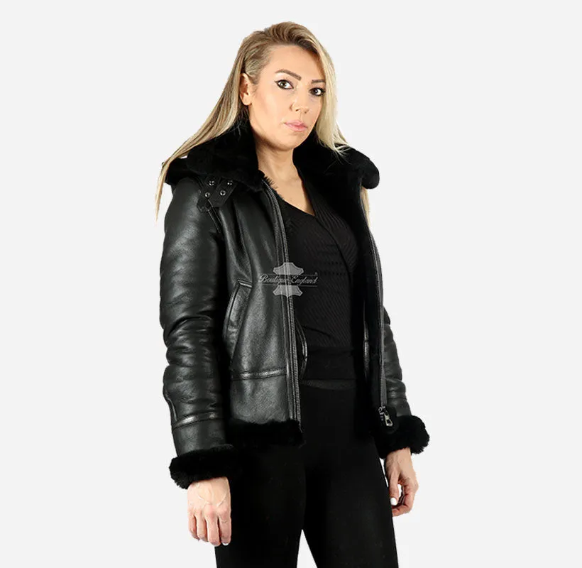 ERIN Womens Sheepskin Jacket B3 Detachable Hoodie Jacket Black