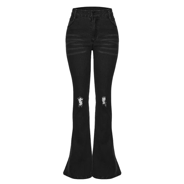 Female Hole Mid Waist Stretch Slim Flare Jeans