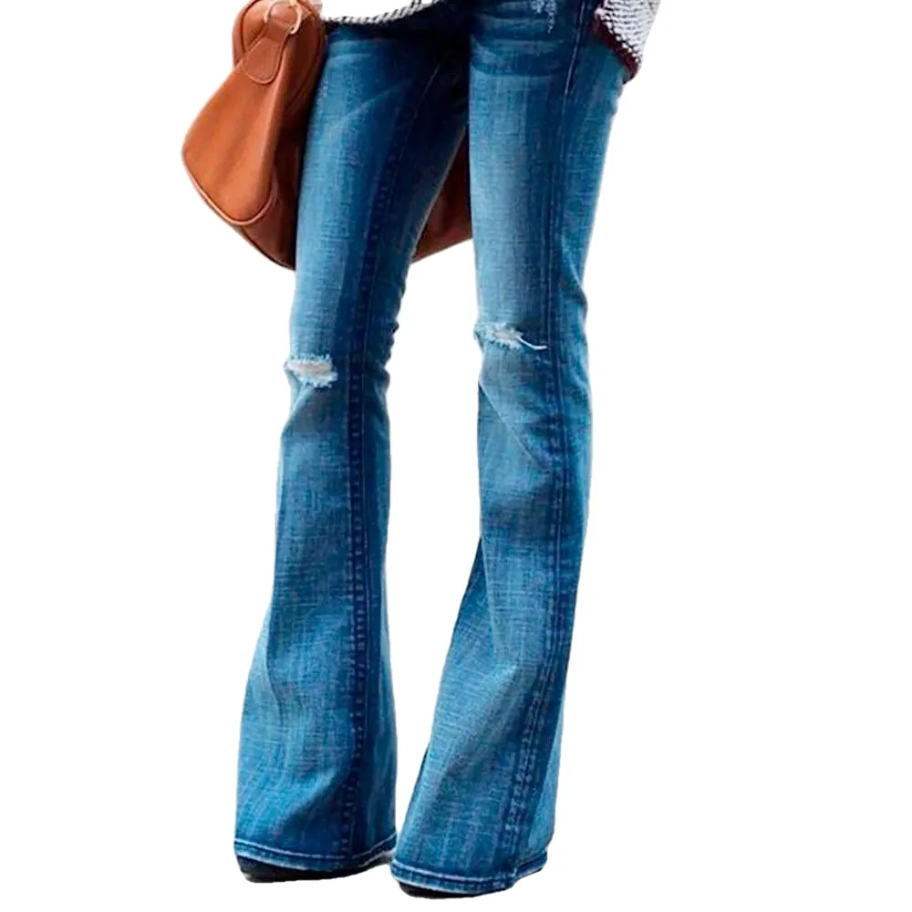 Female Hole Mid Waist Stretch Slim Flare Jeans