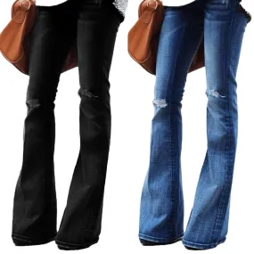 Female Hole Mid Waist Stretch Slim Flare Jeans