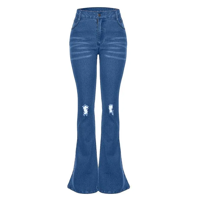 Female Hole Mid Waist Stretch Slim Flare Jeans