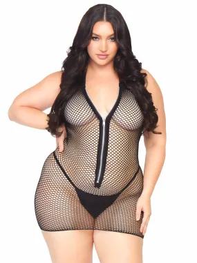 Fishnet Zip Up Halter Mini Dress