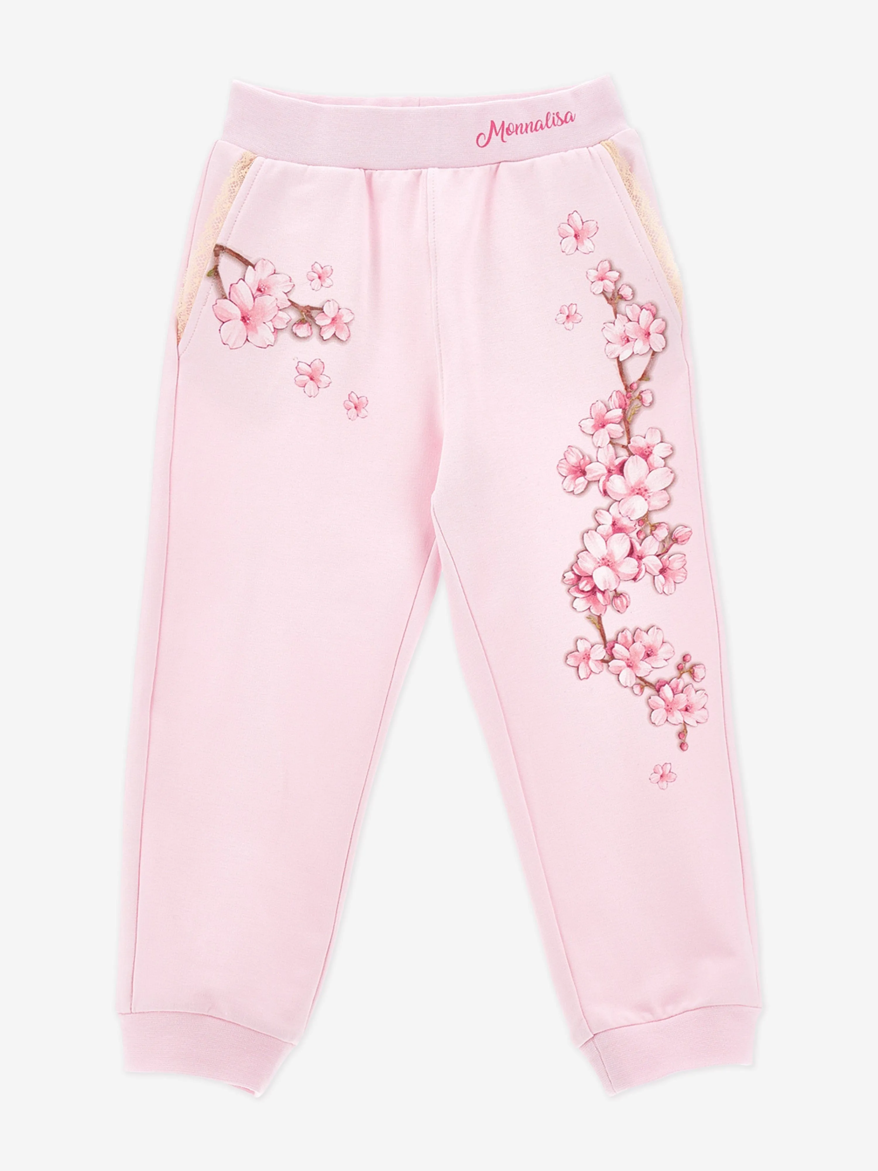 Girls Embroidered Peach Blossom Joggers in Pink