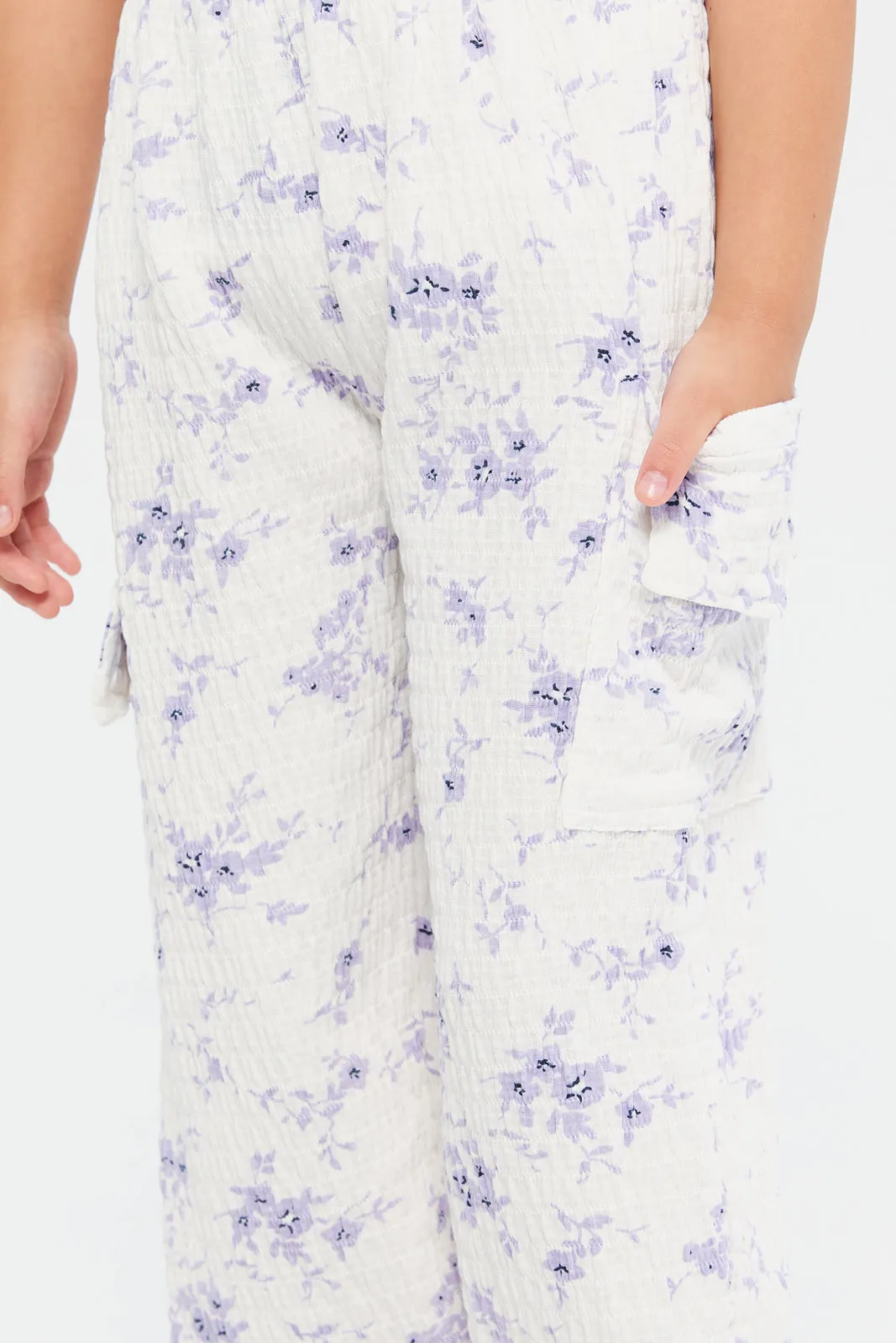 Girls Lilac Printed Textured Joggers With Pockets