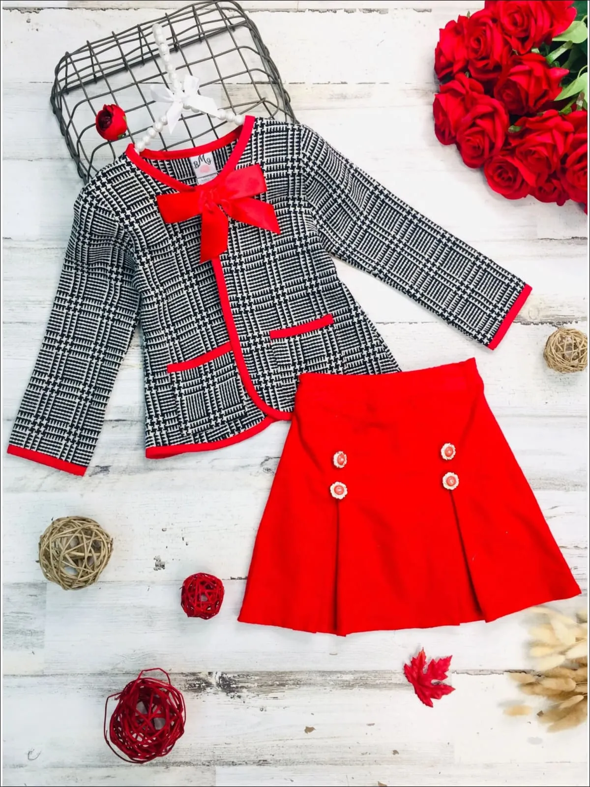 Girls Preppy Navy And Creme Tweed Red Bow Pocket Jacket And Red Pleated Skirt Set