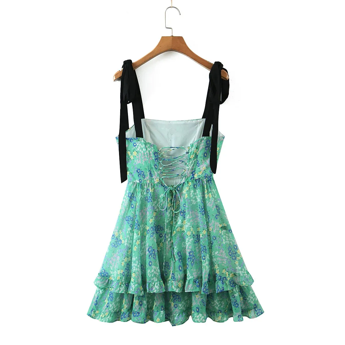 Green Floral Chiffon A-Line Dress with Tie Straps