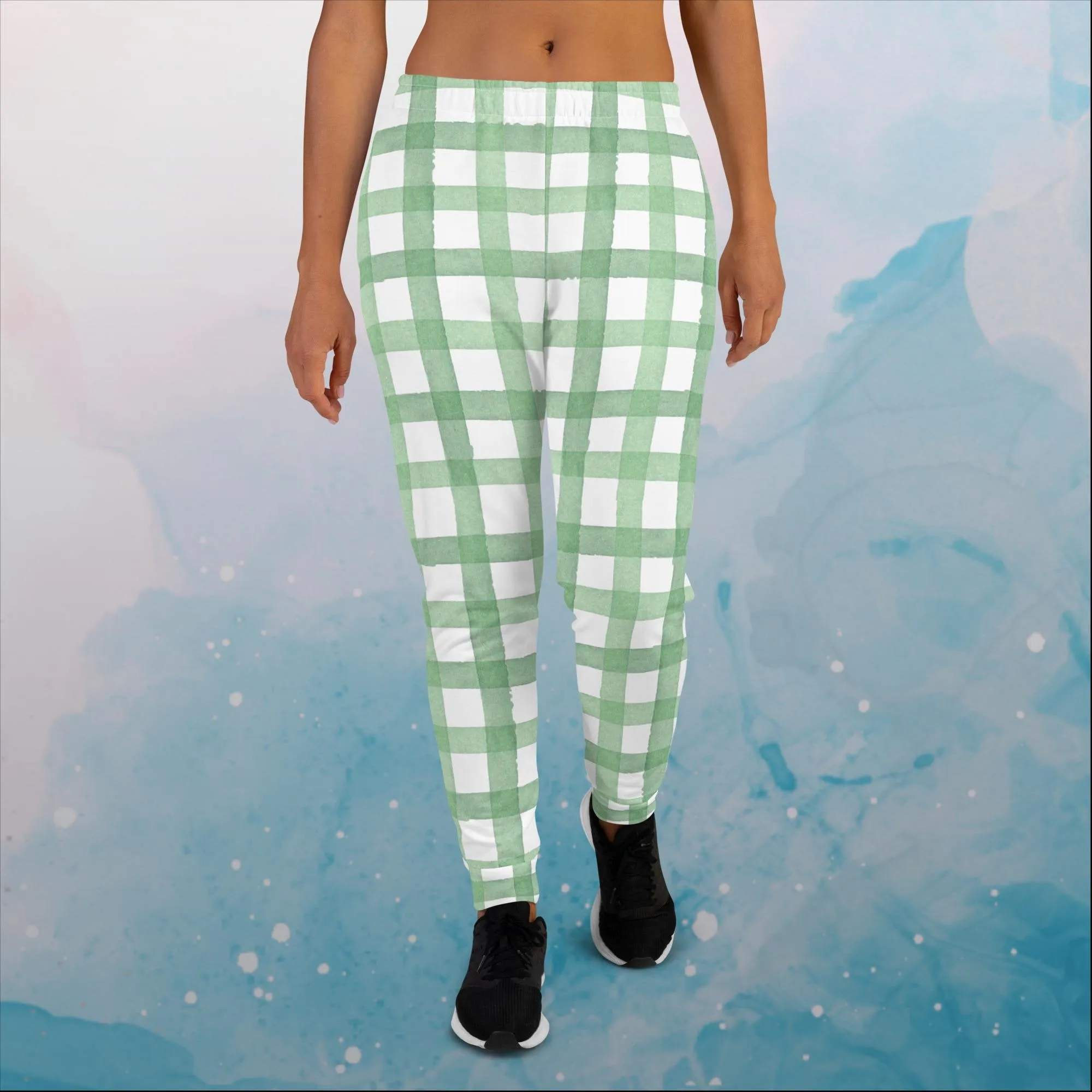 Green Gingham Print Womens Joggers