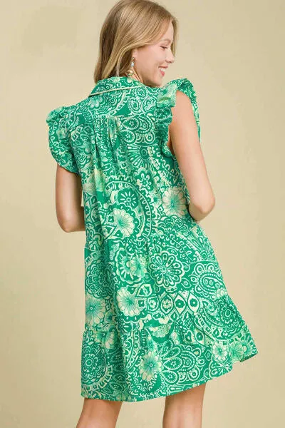 Green Printed Ruffle Cap Sleeve Babydoll Dress Small - 2XL